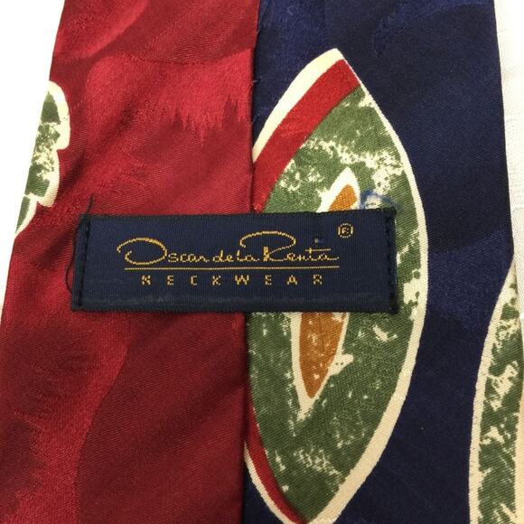 Oscar de la Renta Blue Red Green Abstract Print Designer Retro Silk Tie - Picture 3 of 5